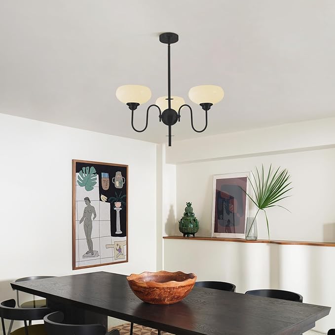 BOKT 3 Light French Chandeliers for Dining Room, Black Farmhouse Chandelier for Bedroom, Small Chandelier with Milk White Bowl Glass Shades