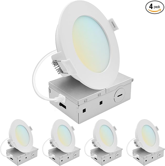 LUXRITE 4 Inch LED Recessed Light, ECO Backlit Mini Panel Spotlight, 5CCT 2700K-5000K, 1000 Lumens, High Output, 11 Watts, Dimmable, IC Rated, Wet Rated, ETL Listed, Energy Star, Round (4 Pack)