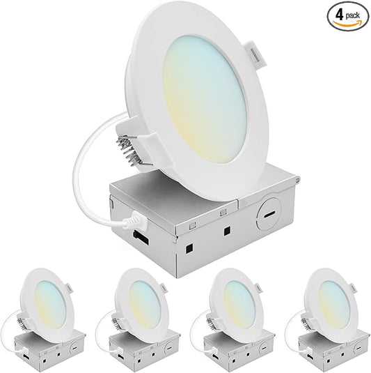 LUXRITE 4 Inch LED Recessed Light, ECO Backlit Mini Panel Spotlight, 5CCT 2700K-5000K, 1000 Lumens, High Output, 11 Watts, Dimmable, IC Rated, Wet Rated, ETL Listed, Energy Star, Round (4 Pack)