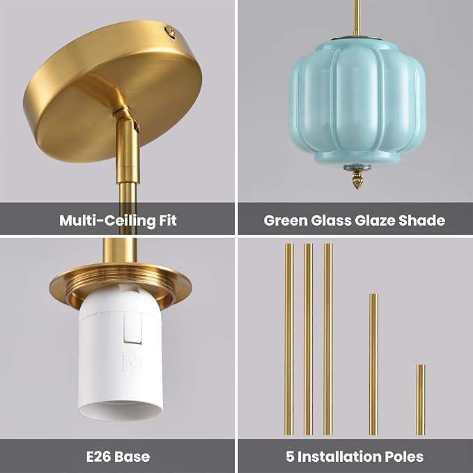 Vintage Blue Glass Pendant Lights 9.8 Inch Mid Century Modern Hanging Ceiling Light, Adjustable Height Kitchen Island Hanging Lights for Dining Room, Kitchen, Hallway and Bedroom, E26 Base