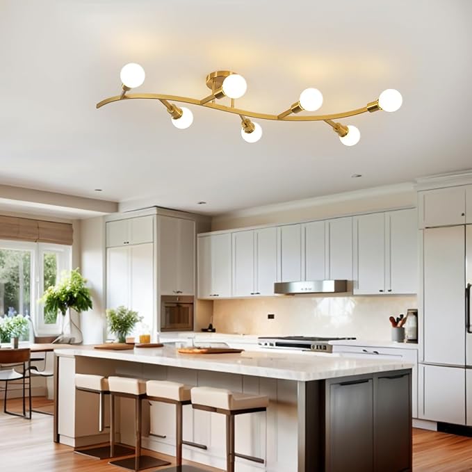 Gold Modern Sputnik Semi Flush Mount Ceiling Light Fixture 7-Lights,Mid Centur Minimalist Sputnik Chandelier for Living Room,Dining Room,Bedroom,Kitchen,Hallway(Bulbs Not Included)