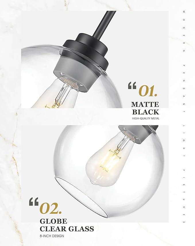 Black Pendant Lights Kitchen Island, 8" Pendant Light Fixtures with Globe Clear Glass Shade, Modern Kitchen Island Lighting, AD-22280-1PL-BK