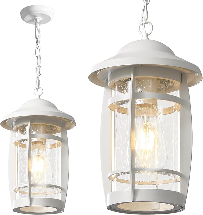 LOUSACE 1-Light Outdoor Pendant Lights for Porch, Exterior Hanging Porch Light Fixture Ceiling Mount Outdoor Chandelier, Waterproof White Aluminum Finish with Seeded Glass, for Gazebo Patio Entrance