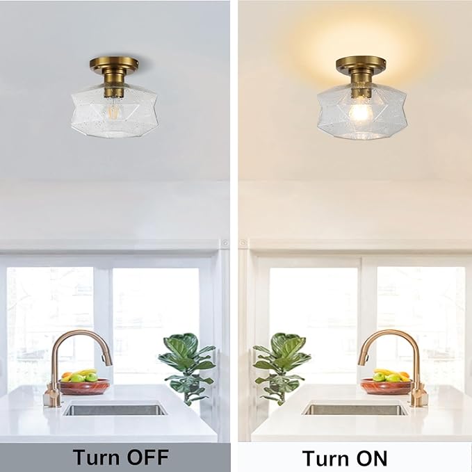 Industrial Semi Flush Mount Ceiling Light, 9 inch Vintage Farmhouse Light Fixture with Seeded Glass Shade, Brushed Brass Canopy for Kitchen, Bathroom, Hallway, Corridor, Passway, Bedroom