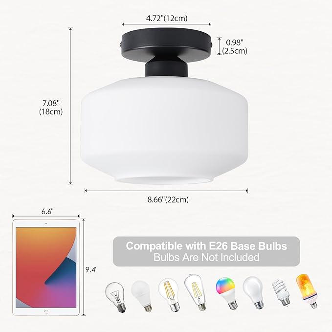 TeHenoo Milk White Glass Ceiling Light Fixture,8.6 inch, Matte Black Base,Modern Semi Flush Mount Light for Hallway, Entryway,Kitchen