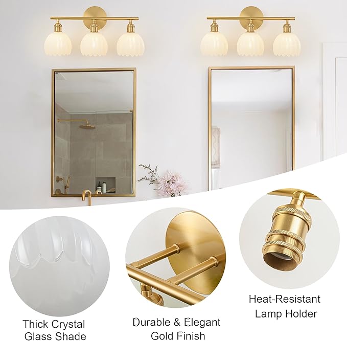 Gold Bathroom Light Fixtures Over Mirror, 3 Light Bathroom Vanity Light Fixture with Tulip Milk White Glass Lampshade, Vintage Vanity Lights for Bathroom, Bathroom Vanity Lights Over Mirror