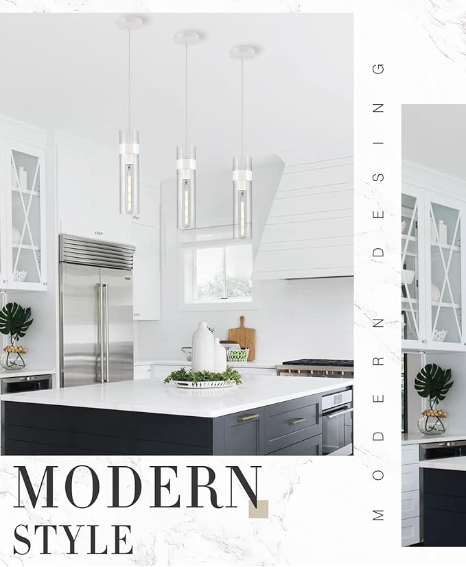 3 Pack Pendant Lights Kitchen Island (Bulbs Included), White Adjustable Modern Glass Pendant Light Over Island, Industrial Pendant Light Fixtures for Dining Room Hallway Bedroom Living Room