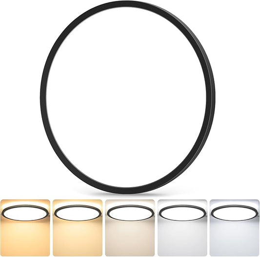 12 Inch 3200LM Dimmable LED Flush Mount Ceiling Lights, 24W Black Ceiling Light Fixtures, 2700K/3000K/4000K/5000K/6500K 5 Color in One, Ultra Thin Round Lamps for Kitchen, Bedroom, Hallway, 1-Pack