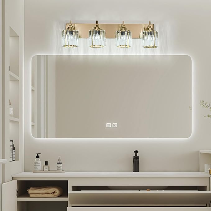 Modern Crystal Bathroom Vanity Lights, Gold 4-Lights Bathroom Light Fixtures Over Mirror, Crystal Wall Lighting with Polished Gold Finish