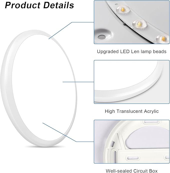 2 Pack 12 Inch Round LED Ceiling Light Fixture, 24W 6500K Cool White Outdoor/Indoor LED Ceiling Light IP54 Waterproof Ceiling Lamp for Porch, Hallway, Bathroom, Living Room, Laundry, Bedroom