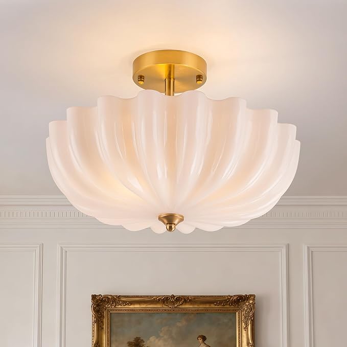 Milk Glass Ceiling Light Fixture, 15.7'' Vintage Gold Semi Flush Mount Ceiling Light, 3-Light Brass Modern Ceiling Light for Hallway Entryway Foyer Living Room,E26