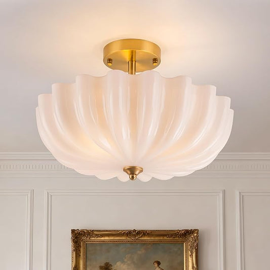 Milk Glass Ceiling Light Fixture, 15.7'' Vintage Gold Semi Flush Mount Ceiling Light, 3-Light Brass Modern Ceiling Light for Hallway Entryway Foyer Living Room,E26