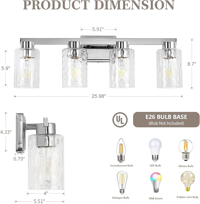 4-Light Bathroom Light Fixtures Modern Chrome Vanity Lights with Water Ripple Glass Wall Sconces Over Mirror for Bathroom, Powder Room, Living Room