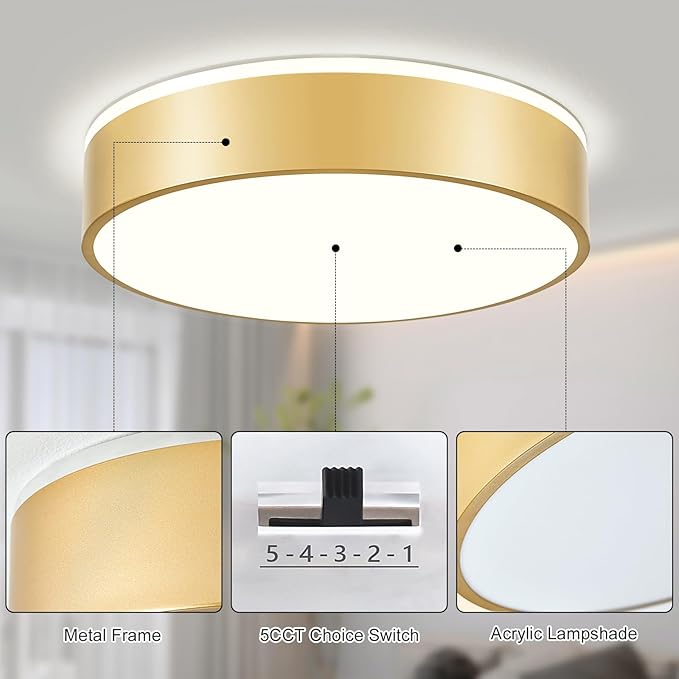 Gold Flush Mount Ceiling Lights, Modern Dimmable 5CCT Close to Lighting Fixture, 2700K-6000K LED Round Ceiling Lamp for Bedroom, Bathroom, Dining Room, Living Room-15.8in
