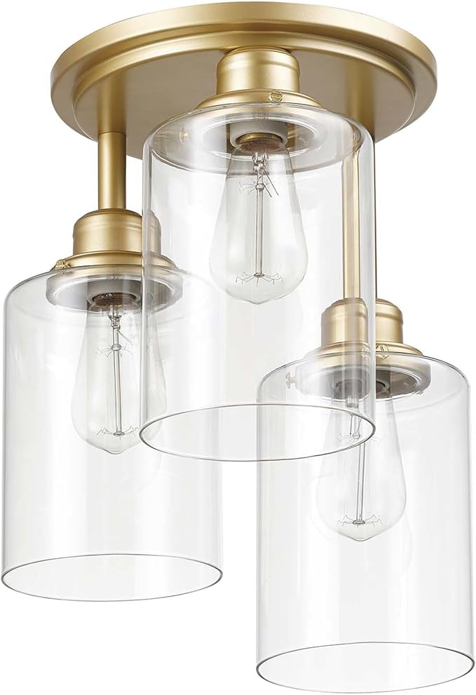 Globe Electric 65457 3-Light Flush Mount Ceiling Light, Matte Gold, Clear Glass Shades, Bedroom Lighting Fixtures Ceiling, Dining Room Fixture, Timeless Lighting for Hallway or Dining Room