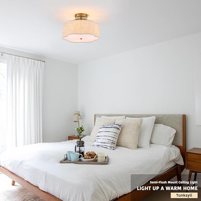 13.78" Semi Flush Mount Ceiling Light Modern 3-Lights Gold Drum Ceiling Light Fixture with Fabric Linen Shade, Vintage Modern Ceiling Lighting for Laundry Room, Kitchen, Basement, Bedroom