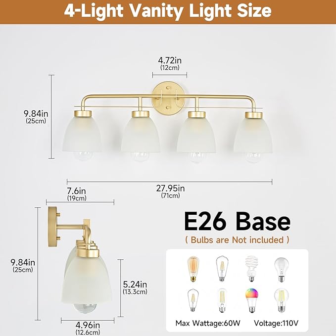 28 Inch Mid-Century Modern Vanity Lights, 4-Light Golden Bathroom Light Fixture with Frosted White Bell Shades, Industrial Wall Sconce for Mirror Over Vanity, Bedroom, Hallway