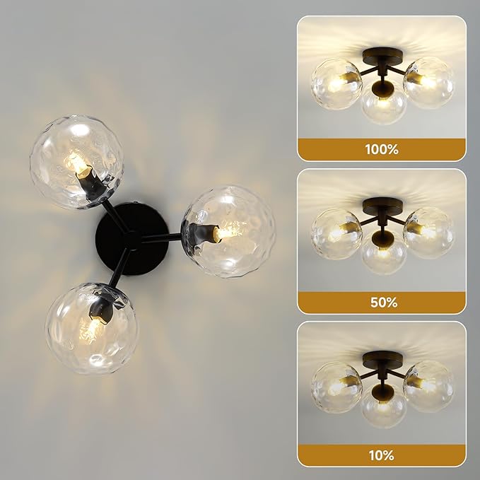 Black Globe Semi Flush Mount Ceiling Light Mid Century Modern Globes Hammered Clear Glass Ceiling Light Fixture Linear Sputnik Brushed Brass Chandelier for Bedroom Living Room Entryway Dining Room