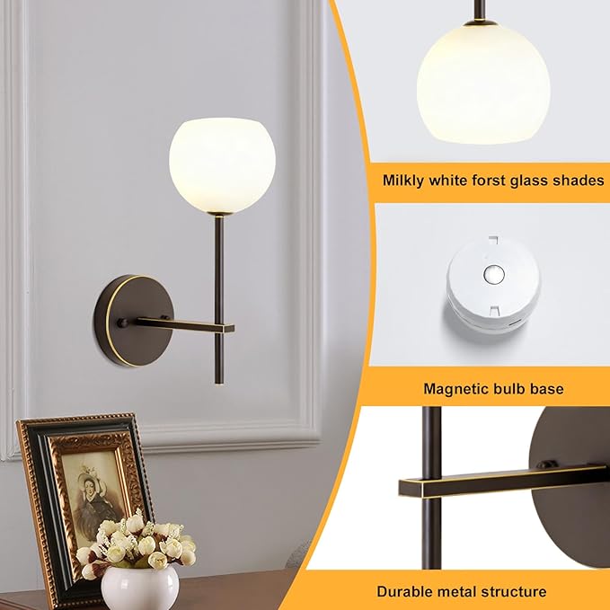 Brown Gold Battery Operated Wall Sconces Set of 2, Rechargeable Wireless Wall Lights with Milky White Frosted Glass, 12 RGB and 3CCT Dimmable, Wall Lamps with Remote for Bedroom Living Room Hallway