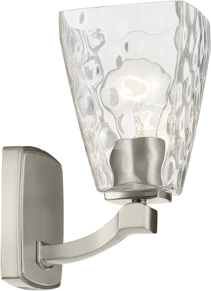 Kichler Marant 5" 1-Light Wall Sconce Bathroom Light Fixture with Clear Water Glass in Brushed Nickel for Bathroom, Powder Room, Hallway (5" W x 9.5" H), 55214NIWTR