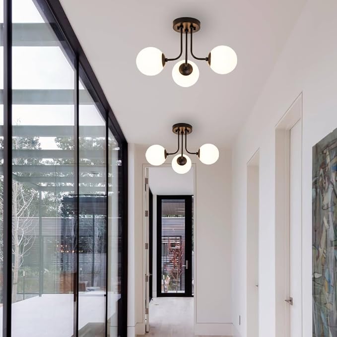 Modern Semi Flush Mount Ceiling Light,Black White Glass Shade Semi Ceiling Light 3-Light,Sputnik Chandeliers for Bedroom Hallway Dining Room Lighting Fixture, HL-23072702