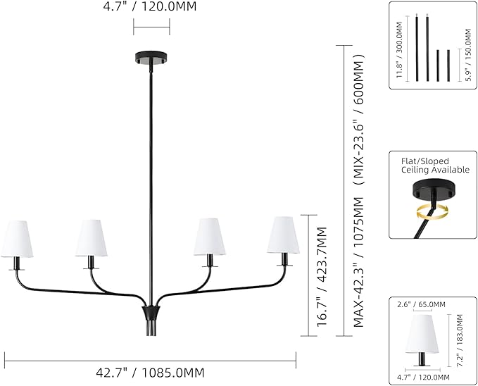Modern 42" Linear Chandelier for Kitchen Island & Dining Room - 4-Light Black Finish with White Fabric Shades, Adjustable Hanging Pendant Light Fixture, E12
