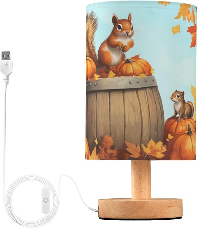 Aslsiy Fall Squirrel Pumpkins Maple Bedside Table Lamp Autumn Nightstand Lamp Night Light Fabric Shade for Bedroom Living Room Home Office