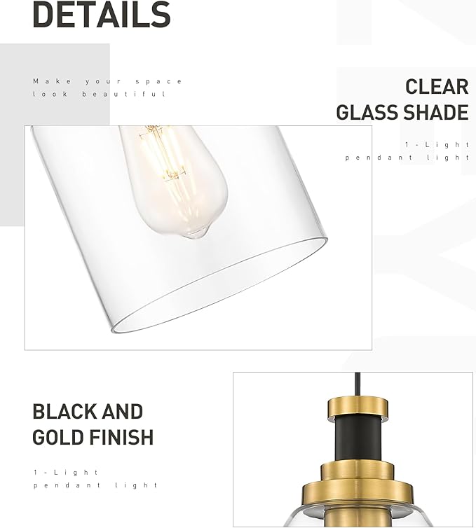 zeyu Glass Pendant Lights Kitchen Island 2 Pack, Modern Hanging Light for Kitchen Sink Dining Room, Clear Glass Shade, Black and Gold Finish, ZG33M1L-2L BK+BG