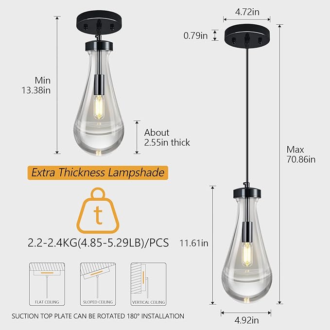 Raindrop Pendant Lights Kitchen Island Teardrop PlatingBlack Hanging Light Fixtures Clear Solid Glass Pendant Light Modern Chandeliers for Dining Room Porch Corridor Living Room(Black 3-Pack)