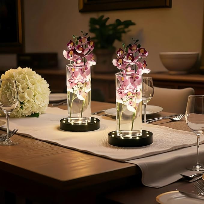 Simplelight 6 Inch Round LED Light Base- for Glass Art, Ideal Led Display for Vases-AA Batteries Included - (6inch Round Vase Base Light, White), Set of 6