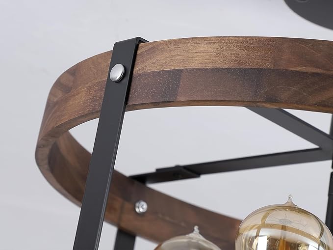 4-Light Large Rustic Farmhouse Flush Mount Ceiling Light Fixture 16.5 inch Oak Wood Round Drum Semi Flush Mount Ceiling Light for Bedroom Hallway Entry Dining Farmhouse Living Room, Black