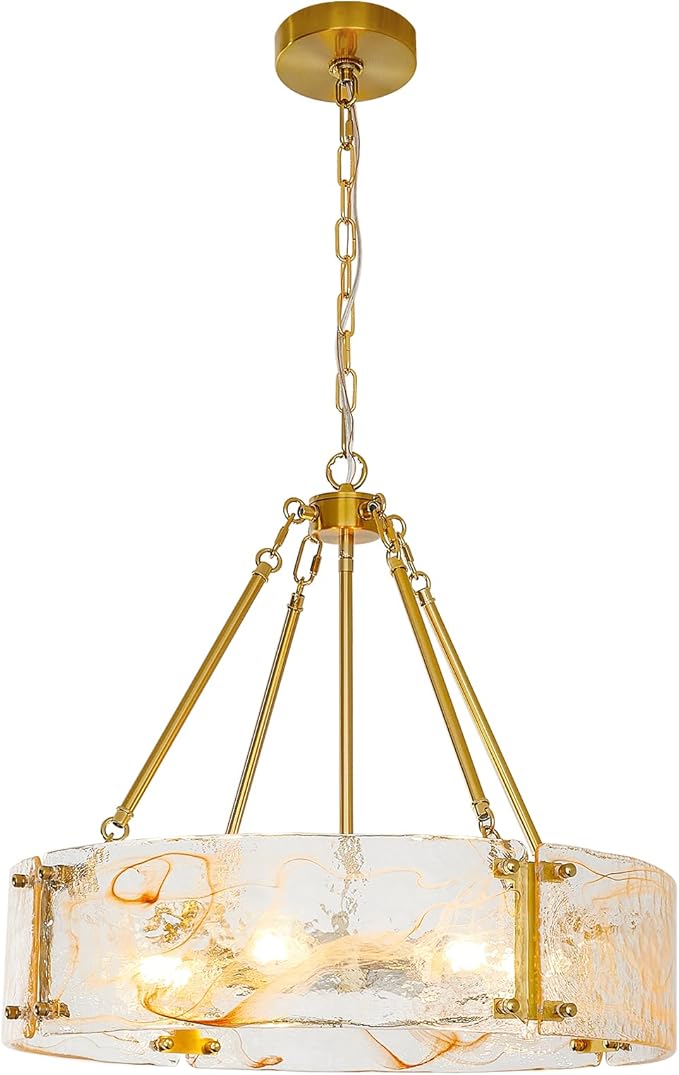 WILON Chandeliers for Dining Room, Modern Glass Pendant Light Fixtures,6-Light Foyer Kitchen Lighting Fixtures Textured Hanging Lights for Bedroom, Bathroom, Laundry Room, Entryway, Hallway (Gold)