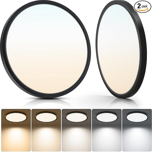 12-inch Round LED Flush Mount Light (2 Pack) - 24W 2640LM Dimmable, 5 CCT Selectable, Easy DIY Install Ceiling Panel Fixtures for Bedroom, Kitchen, Hallway, Apartment, Laundry, Matte Black