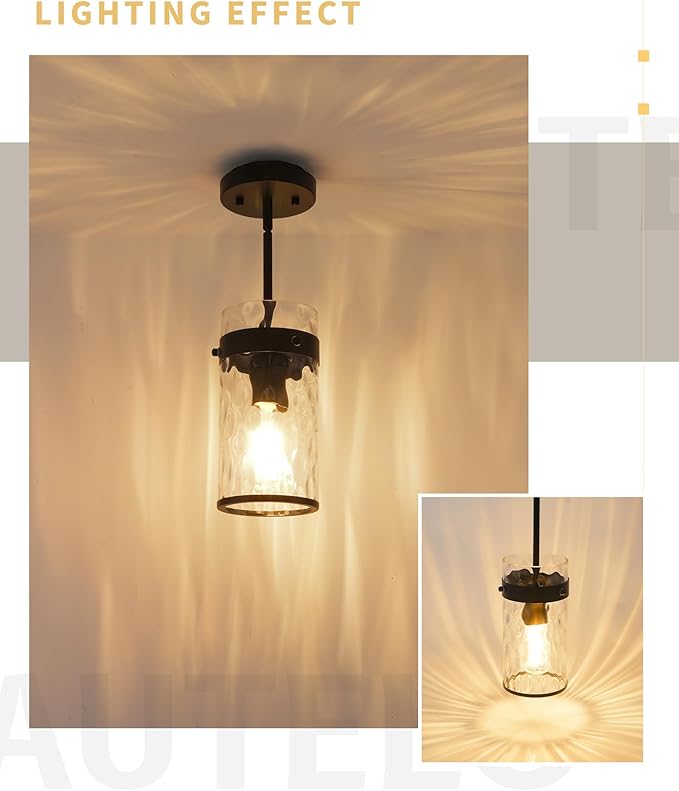 AUTELO 2 Pack Black Pendant Light, Glass Pendant Lights Kitchen Island with Hammered Glass, Modern Hanging Lamp with Adjustable Rods for Kitchen Dining Room, H-2529 HMBK2PK