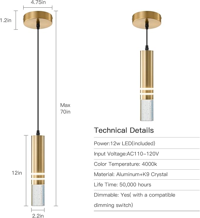 Pendant Lights Kitchen Island 12-Watt 1-Light Dimmable LED Gold Modern Hanging Mini Crystal Pendant Light for Kitchen Island