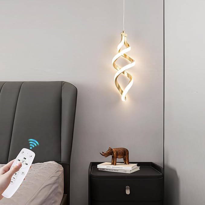 Modern Led Pendant Light Fixture, 15W Spiral Led Chandelier Hanging Lamp, 3000K-6000K, Dimmable Pendant Lamp, Adjustable Height Pendant Light for Kitchen Island Dining Room Bedroom Cafe (Gold)