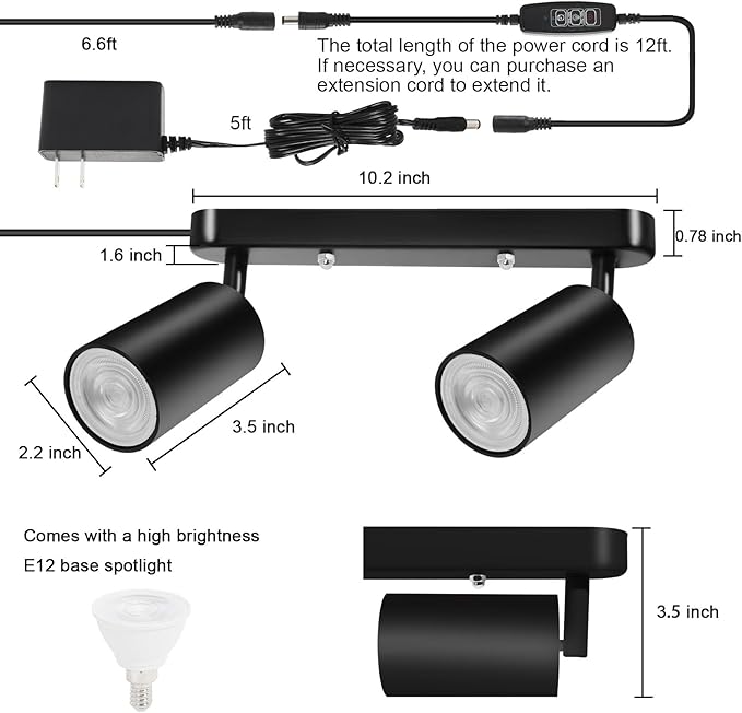 Plug in Track Lighting Track Light Fixtures with Power Cord Wall Spotlight Flexibly Rotatable Heads Plug in Ceiling Lights for Kitchen Cabinet Gallery Bar Living Room 10W 3000K(Black, 2 Heads)