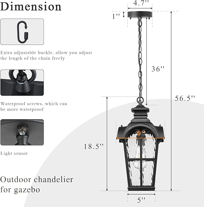 Waterproof Outdoor Pendant Light for Porch 18.5 Inch Large Hanging Porch Lights with Adjustable Chain Dusk to Dawn Aluminum Outdoor Hanging Light Fixture with Water Ripple Glass E26 Socket
