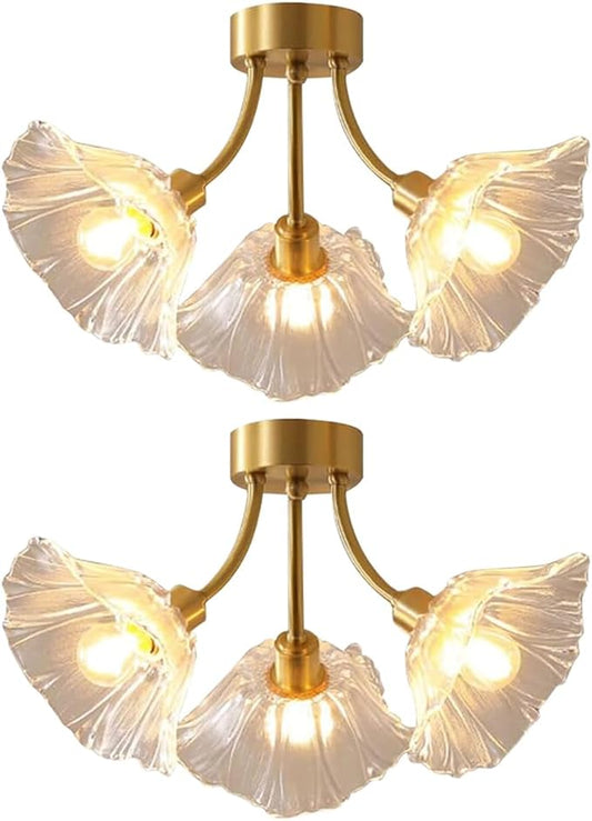 Gold Brass Flush Mount Ceiling Lights Glass Chandelie 3-Lights Clear Flower Glass Shade Mid Century Modern Close to Ceiling Light Fixtures Sputnik Overhead Light Dining Room 2-Pack