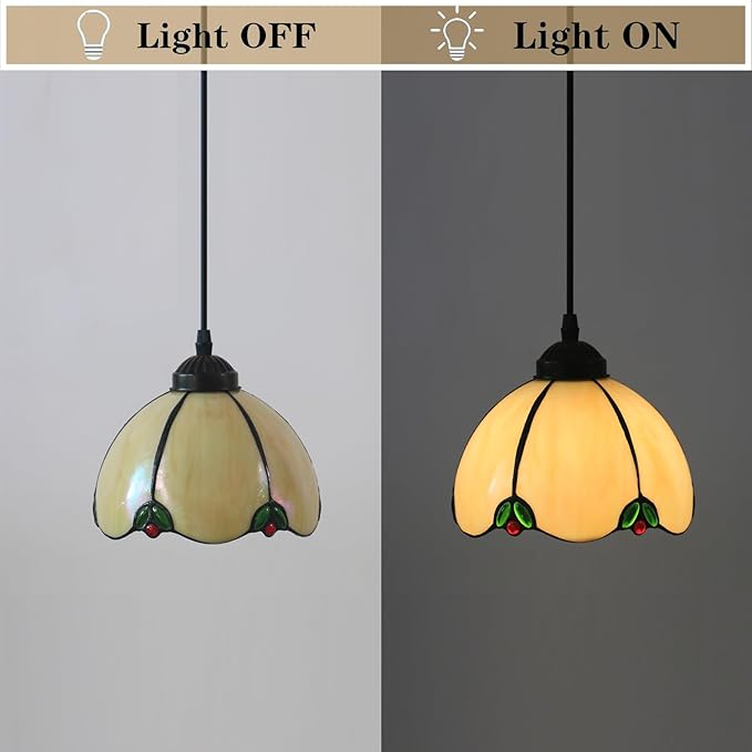 Tiffany Style Small Hanging Lamp, 8” Wide Stained Glass Pendant Lights, Antique Hanging Ceiling Lights for Kitchen Dining Room Hallway