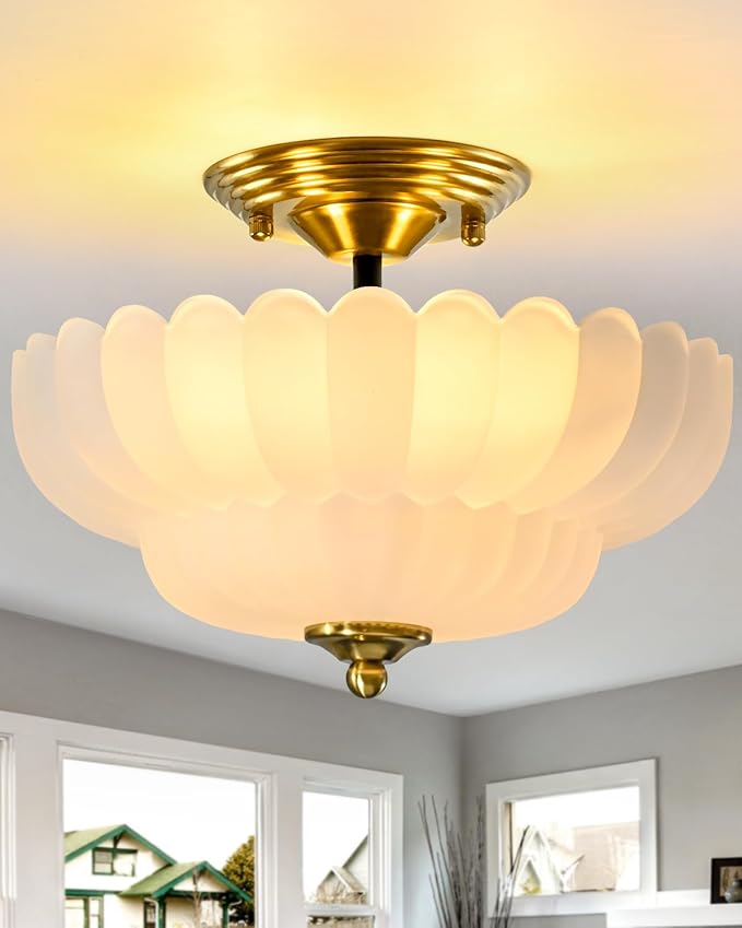 3-Light Vintage Semi Flush Mount Ceiling Light, Frosted Milk Glass Flower Shade with Gold Brass Finish, Elegant Retro Ceiling Light Fixture for Bedroom Hallway Entryway Kitchen