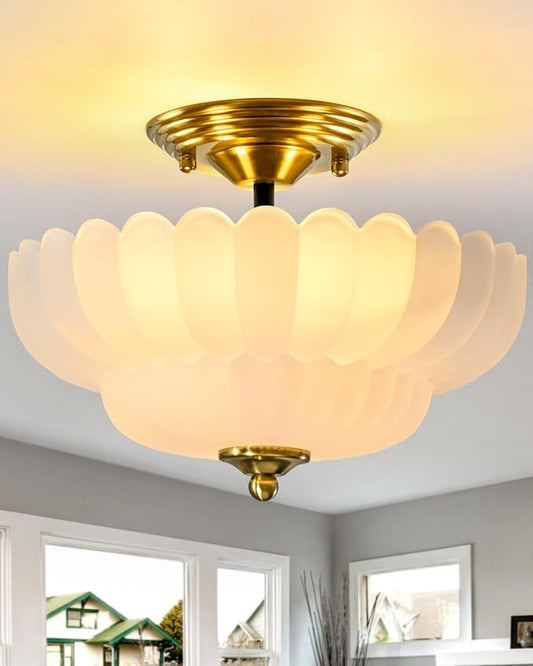 3-Light Vintage Semi Flush Mount Ceiling Light, Frosted Milk Glass Flower Shade with Gold Brass Finish, Elegant Retro Ceiling Light Fixture for Bedroom Hallway Entryway Kitchen