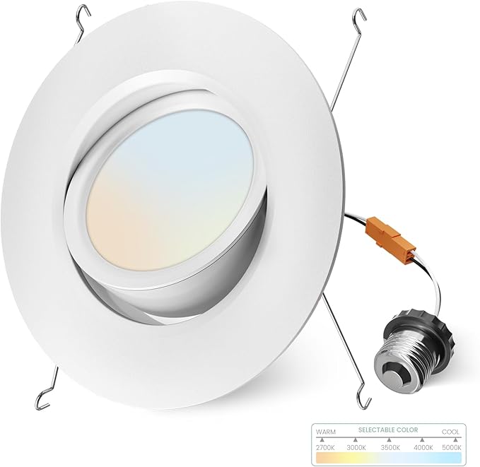 6 Inch Gimbal Led Recessed Lighting Retrofit,4 Retrofit Led Recessed Lighting,5 CCT 2700K-5000K Dimmable 11W 900LM,Compatible with TP24 Connector/E26 Bases,ETL & ES(1 Pack)
