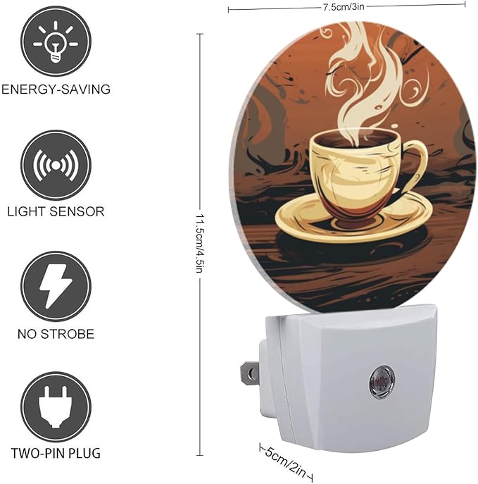 Round LED Night Lights Lamp with Dusk to Dawn Sensor, Steaming Cup of Coffee with Steam Rising Night Light Plug Into Wall for Kids Room, Bedroom, Bathroom, Kitchen, Hallway