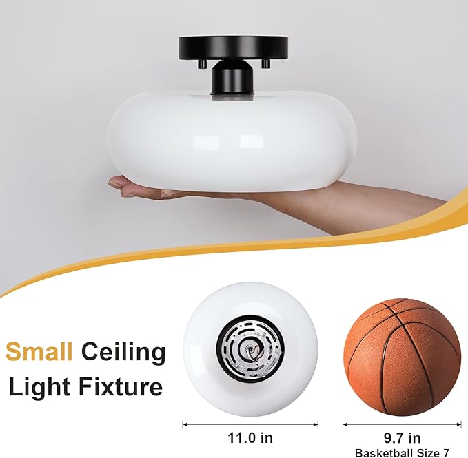 Mid-Century Modern Black Semi Flush Mount Ceiling Light,White Glass Dome Hallway Lighting Fixtures,Metal Close to Ceiling Lamp for Entryway Bathroom Kitchen Bedroom Porch Foyer Office (11 Inch)