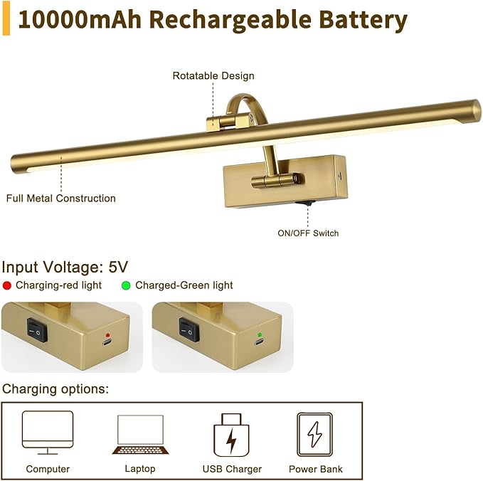 DESOOP Wireless Picture Lights with Remote and Timer Rechargeable Brass Gallery Lighting Battery Operated Art Lights Over Frame Portrait 5W 24'' Inch Warm White