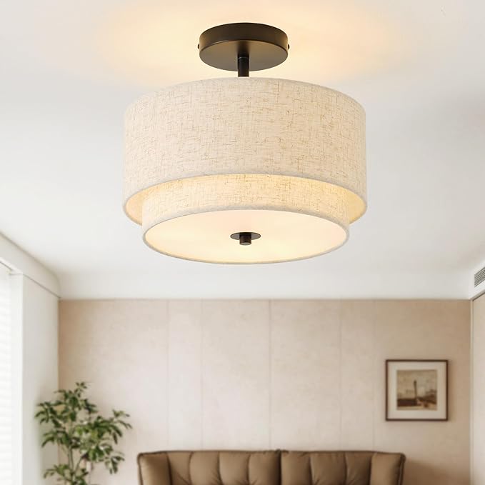 12.6" Flush Mount Ceiling Light Fixture, Black 3-Light Modern Ceiling Light with Fabric Shade in Double Drum-Shape for Bedroom Nursery Living Room Kitchen Island(2-Tier Black)