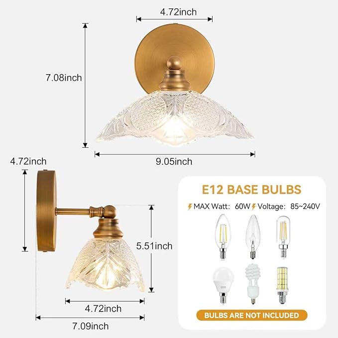 Bathroom Vanity Light, 9.05 Inch Single Light Brushed Antique Brass Wall Sconce, Vintage E12 Bathroom Light for Mirror, Euro Classic Lighting for Hallway, Bedroom, Powder Room