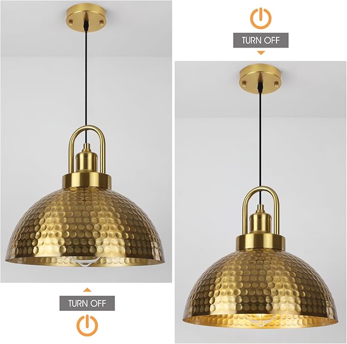 Gold Pendant Light Fixtures, 11.8" Hammered Pendant Light with Gold Holder, Adjustable Pendant Lights for Kitchen Island, Dinning Room, Living Room, Cafe Bar, 2 Pack