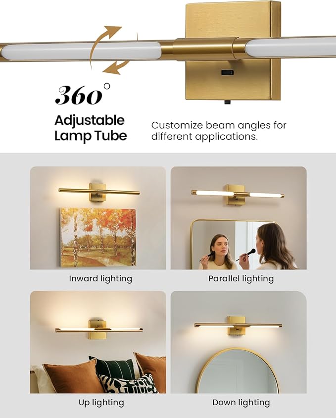 Gold Vanity Light Fixtures for Bathroom Over Mirror 24 inch LED Bath Sconces IP44 5CCT Adjustable Morden Picture Lights for Paintings (Built-in Dimmer)
